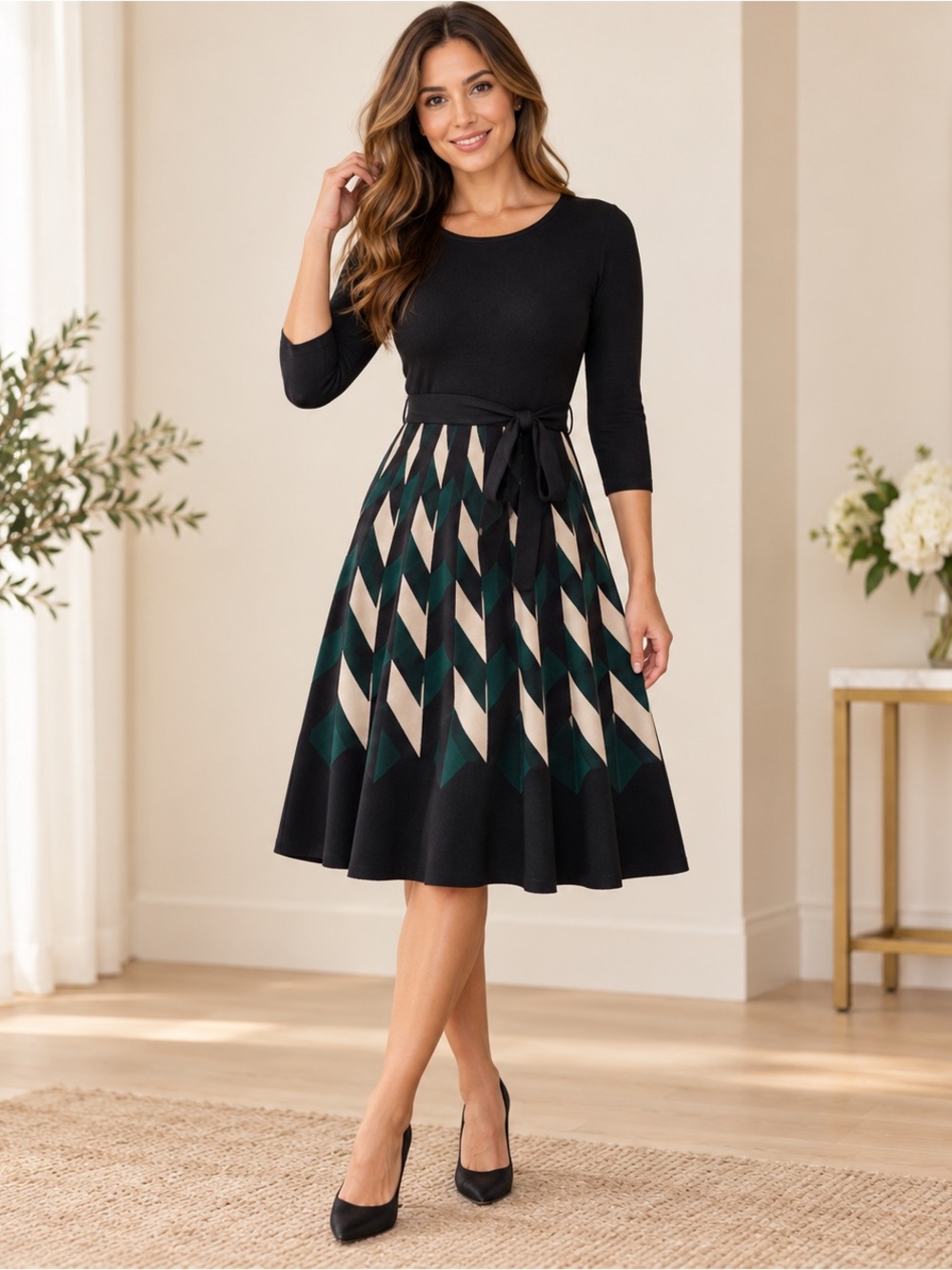 Julian Taylor Black Green Chevron Sweater Midi Dress Size M
